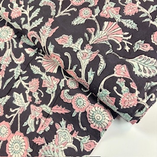 Blockprint Flower rose mint on black