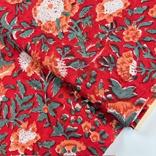 Blockprint Flower apricot on red
