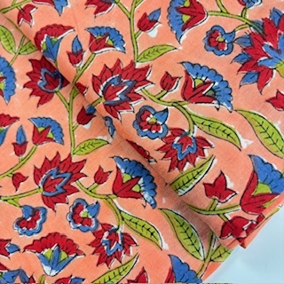 Blockprint Flower blue red on apricot