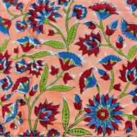 Blockprint Flower blue red on apricot