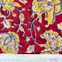 Blockprint Flower yellow blue on red