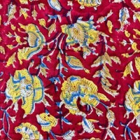 Blockprint Flower yellow blue on red