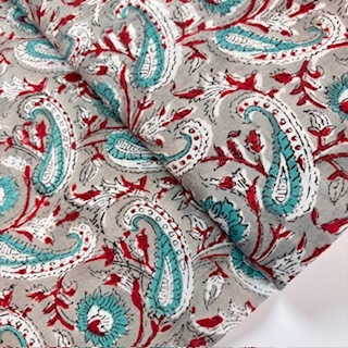 Blockprint Flower tourquoise paisley on grey