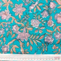 Blockprint Flower birds in trees on turquoise
