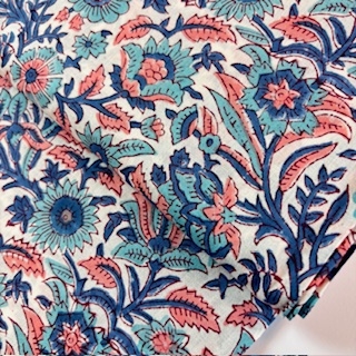 Blockprint Flower blues apricot on white