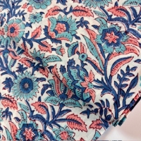 Blockprint Flower blues apricot on white